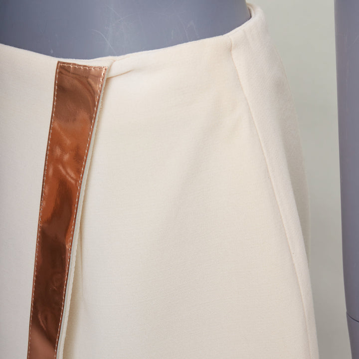 MUGLER cream virgin wool metallic copper PVC edge tulip skirt FR38 M