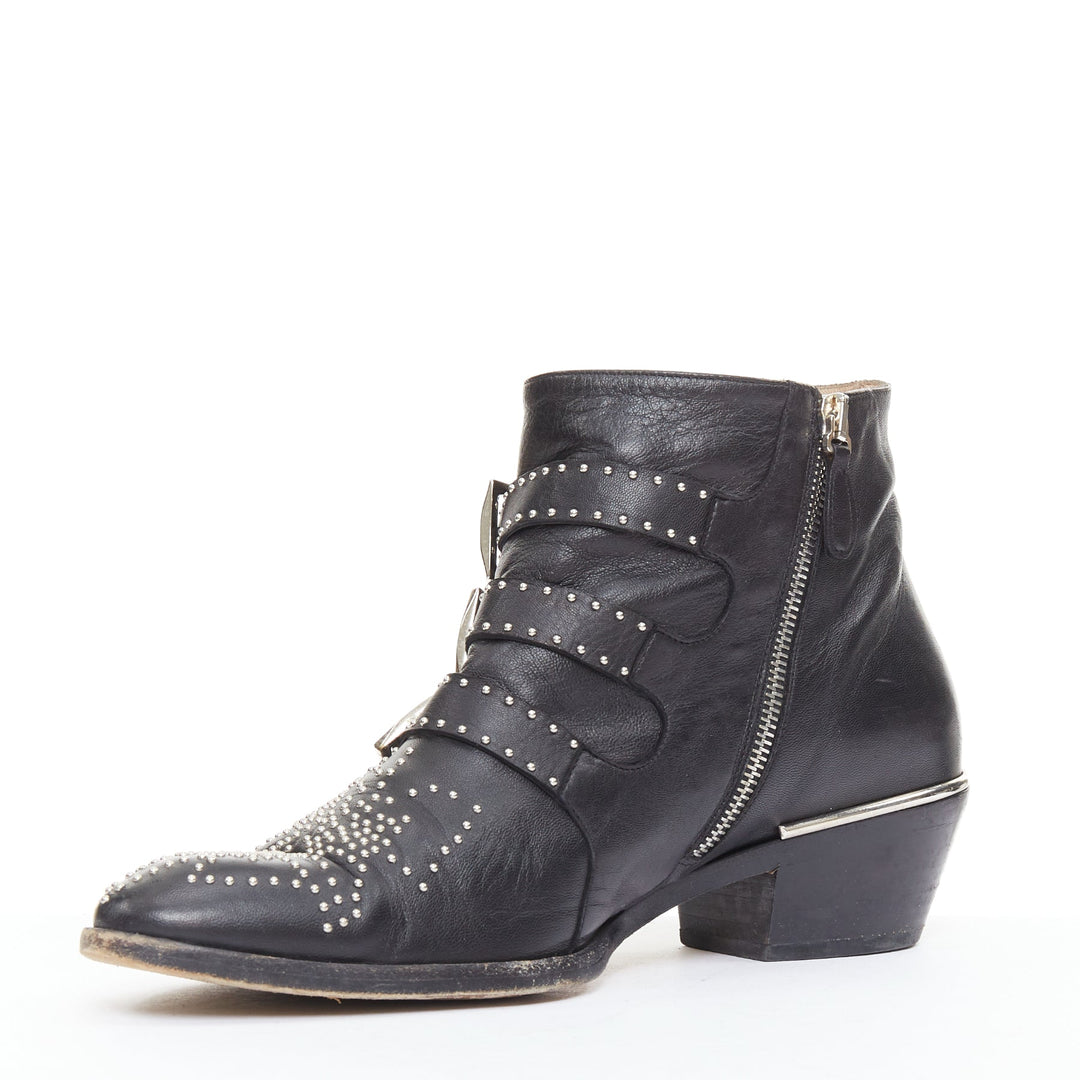 CHLOE Susanna black leather silver studded buckles rock grunge boots EU39