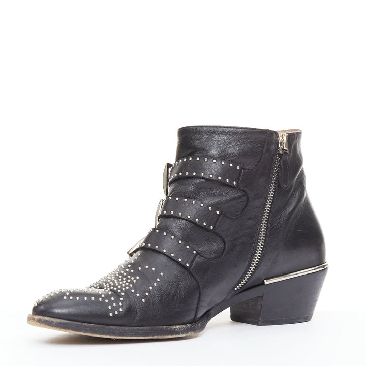 CHLOE Susanna black leather silver studded buckles rock grunge boots EU39