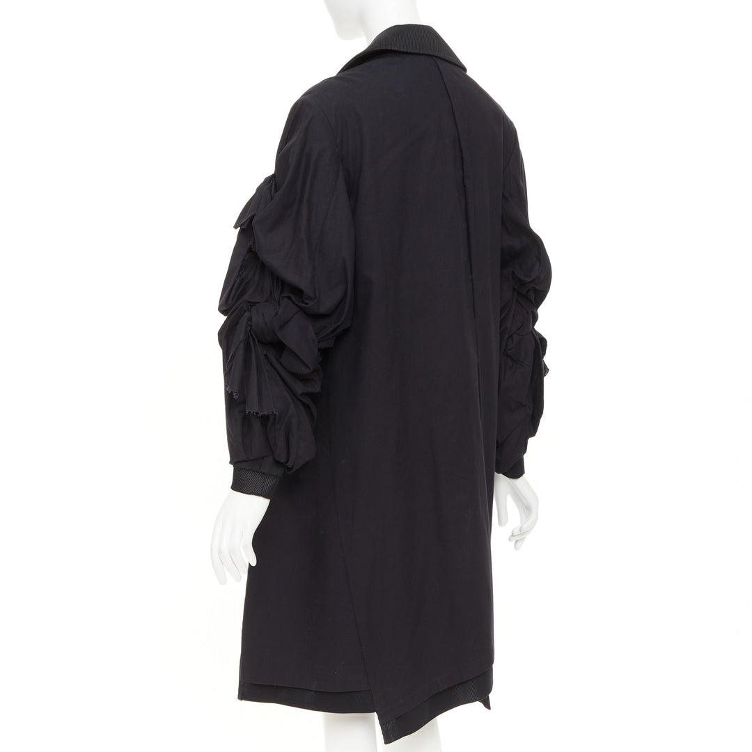 COMME DES GARCONS 2021 black twill cotton ruffled bow sleeve asymmetric coat S