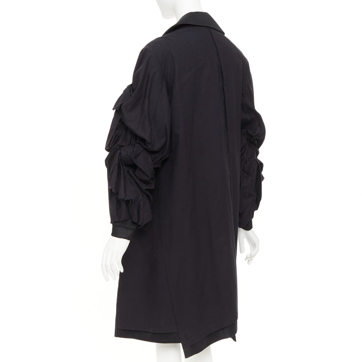 COMME DES GARCONS 2021 black twill cotton ruffled bow sleeve asymmetric coat S