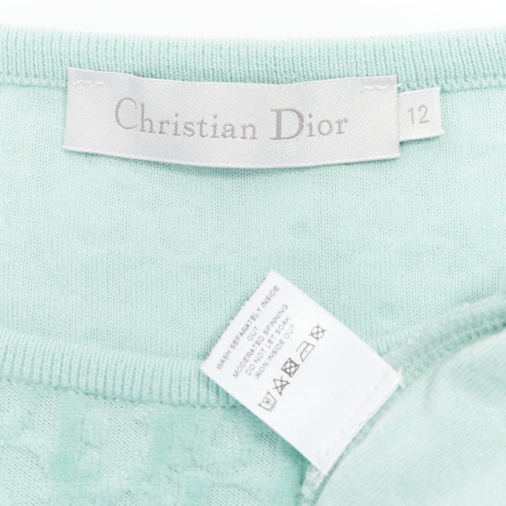 CHRISTIAN DIOR KIDS turquoise cotton velour monogram frill mini dress Yr12