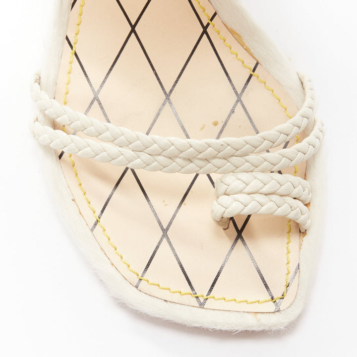LOUIS VUITTON Anaconda white calf hair silver button braided chunky heel EU37