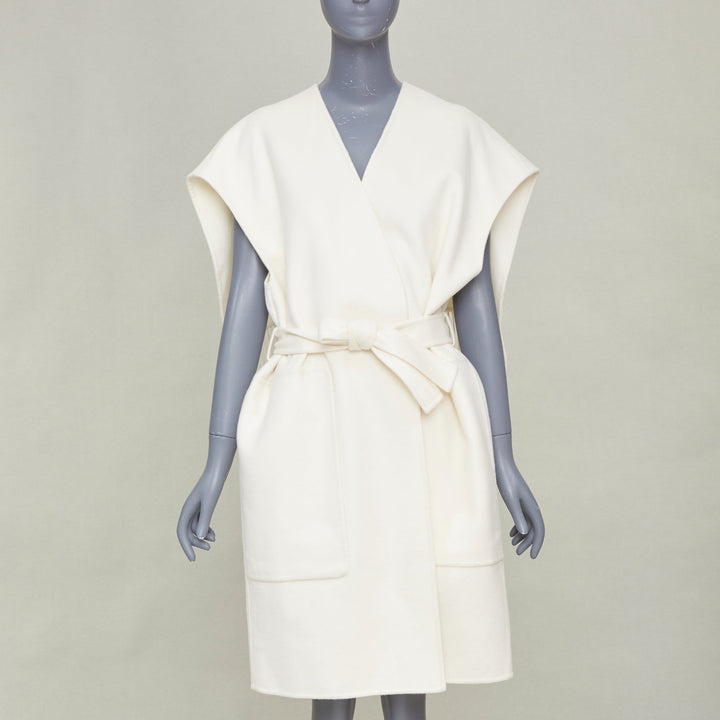 ERMES ivory 100% double face cashmere open cap sleeve belted robe coat FR36 S