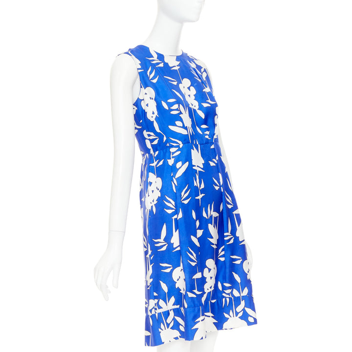 MARNI eletric blue white 100% silk abstrct floral pleated sheath dress IT42 M