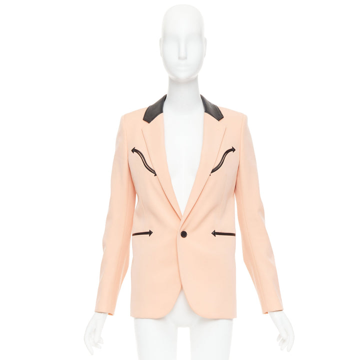 SAINT LAURENT 2018 peach pink wool black leather trim blazer jacket FR36 S