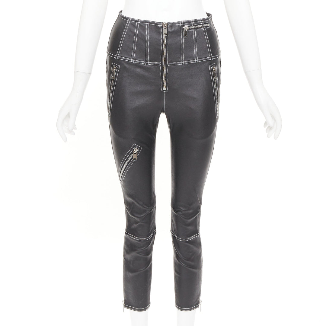 ALEXANDER MCQUEEN 2021 contrast stitch biker corset black leather pants IT38 XS