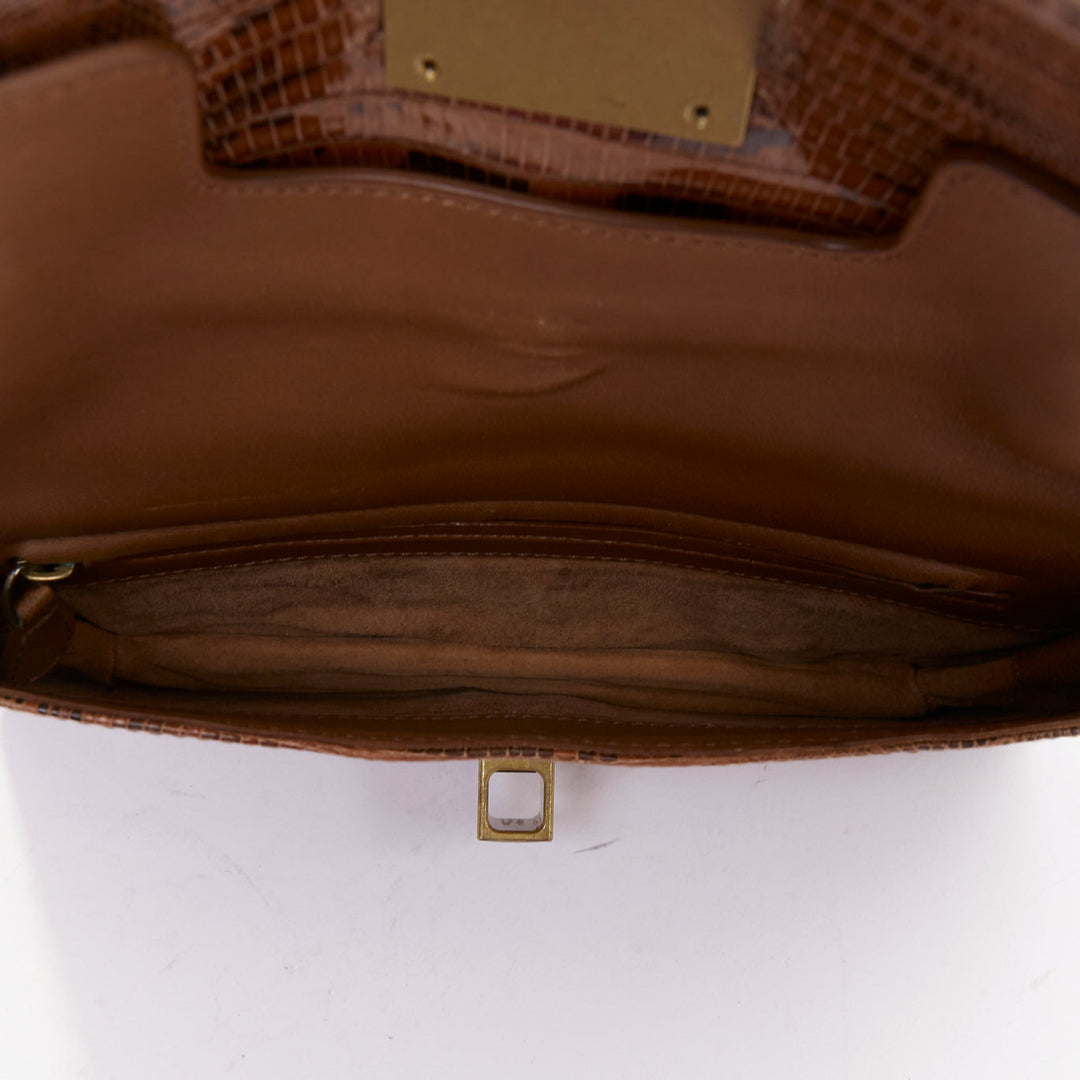 BOTTEGA VENETA brown lizard gold intrecciato resin chain evening clutch bag