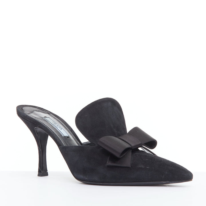 PRADA black satin bow front suede leather pointy mules EU39