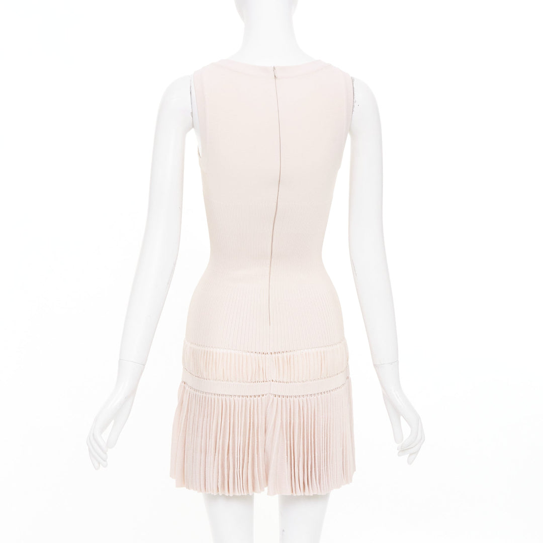 ALAIA pale blush pink open work drop waist plisse fringe knit mini dress FR36 S