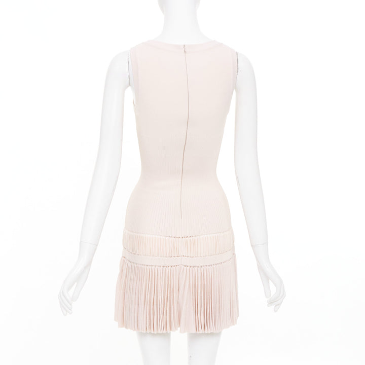 ALAIA pale blush pink open work drop waist plisse fringe knit mini dress FR36 S