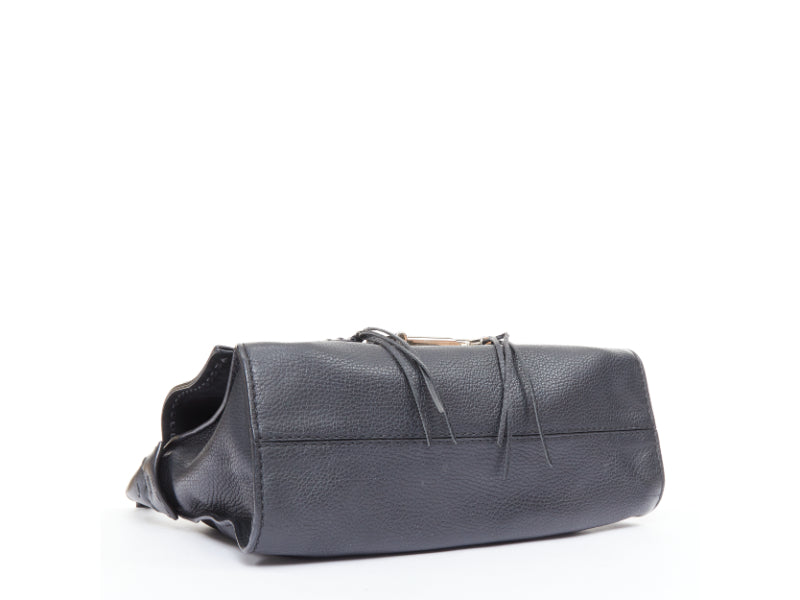 TOD'S Double Double T black calfskin silver grommet weave fringe shoulder bag