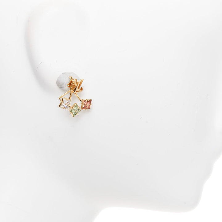 LOUIS VUITTON Loulougram gold tone green pink floral crystal pin earring Pair