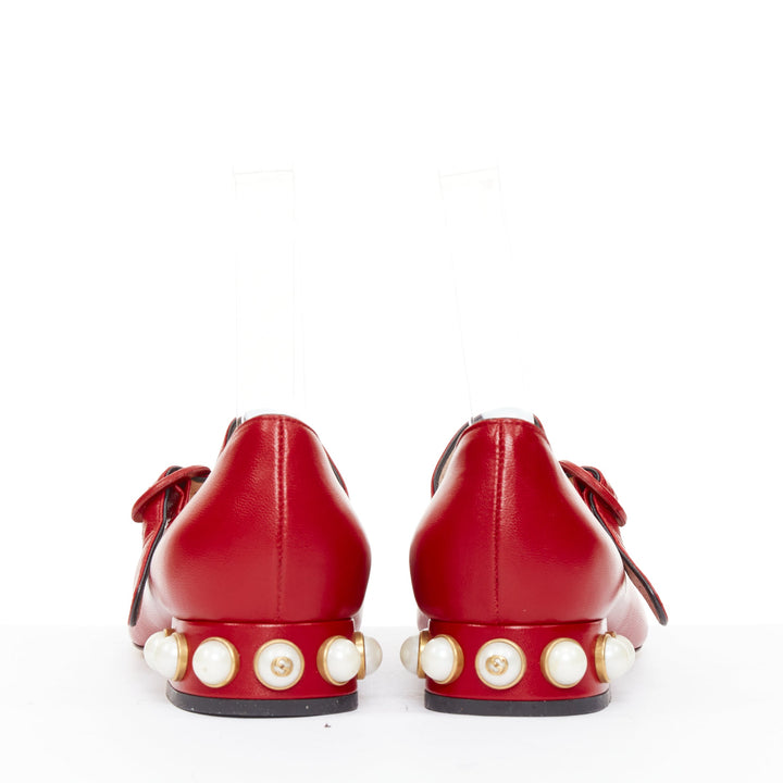 GUCCI Willow red calf leather GG pearl embellished scalloped maryjane shoes EU38