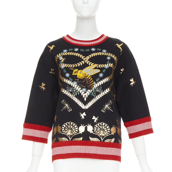 GUCCI black pink metallic foil Laminated Heart Bee applique sweatshirt S
