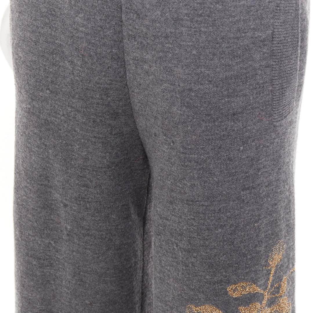 DRIES VAN NOTEN 2017 grey merino wool gold metallic floral intarsia wide pants S