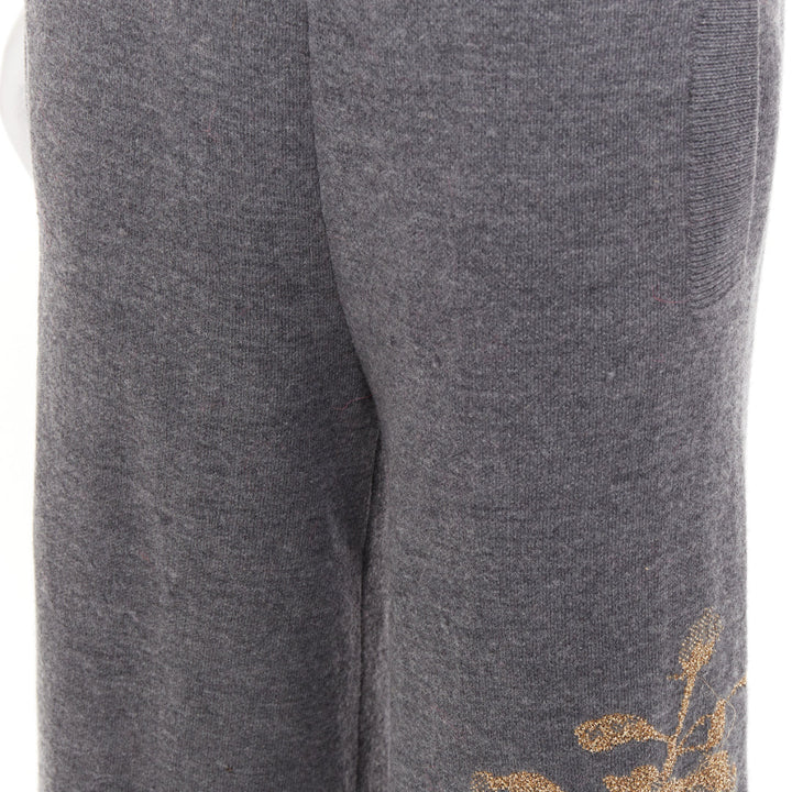 DRIES VAN NOTEN 2017 grey merino wool gold metallic floral intarsia wide pants S