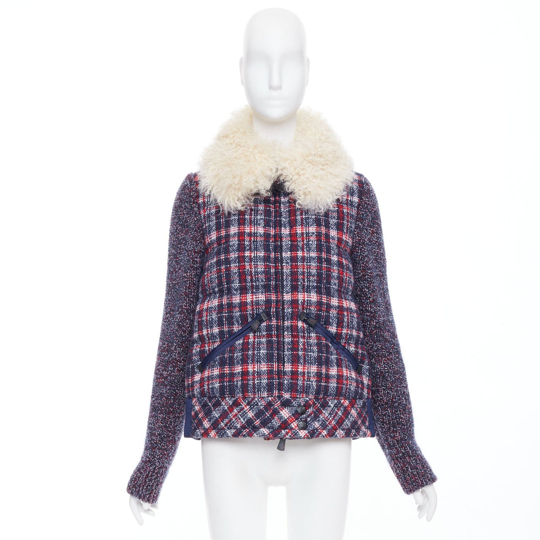 MONCLER GRENOBLE Runway Soleil red blue tweed fur collar down puffer Sz.0 XS