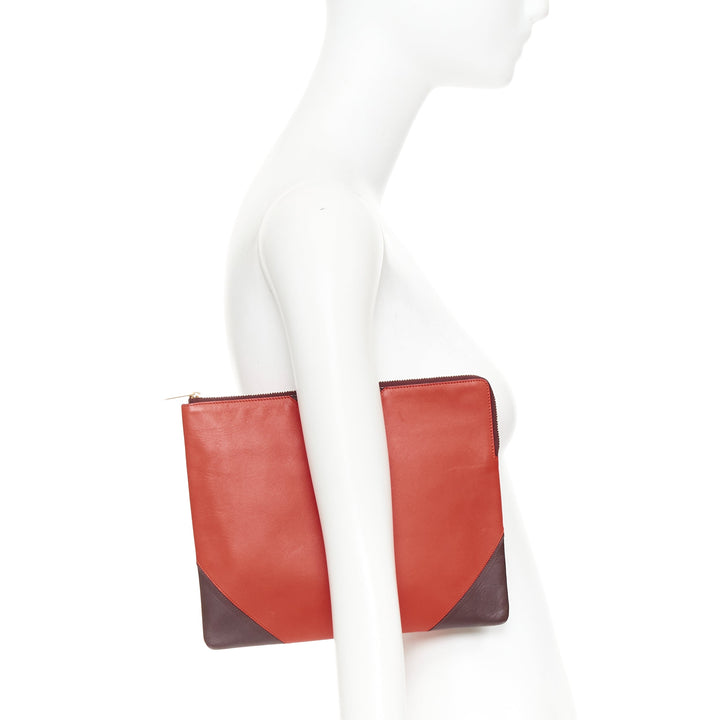 OLD CELINE Phoebe Philo red brown leather bicolour top zip pouch clutch bag