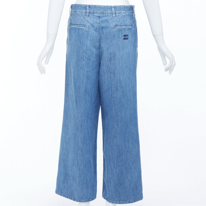 MIU MIU 2023 light blue washed cotton chambray pleated straight jeans IT38 XS