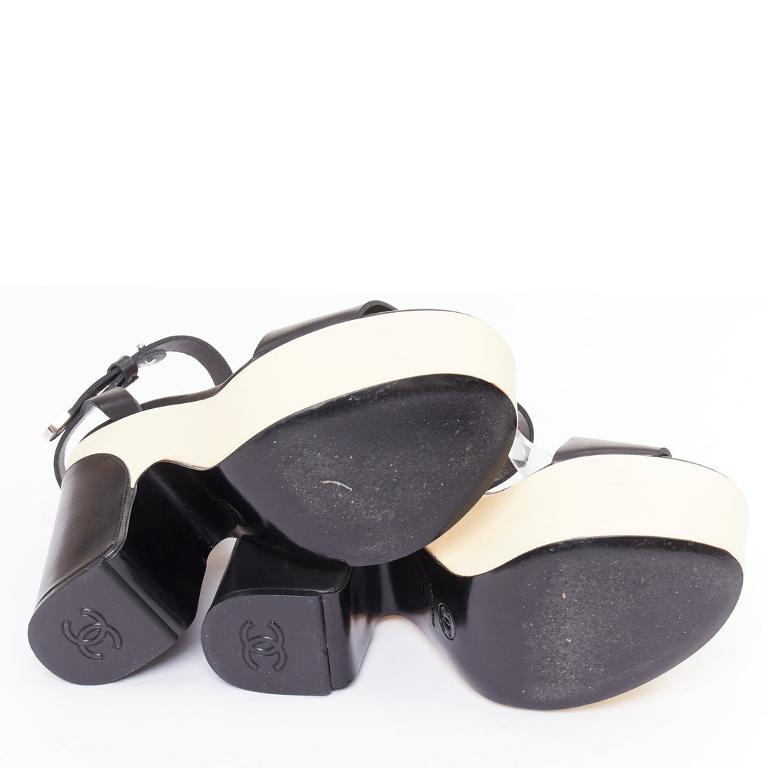 CHANEL 2012 black cream bicolor calfskin silver CC wedge platform heels EU37.5