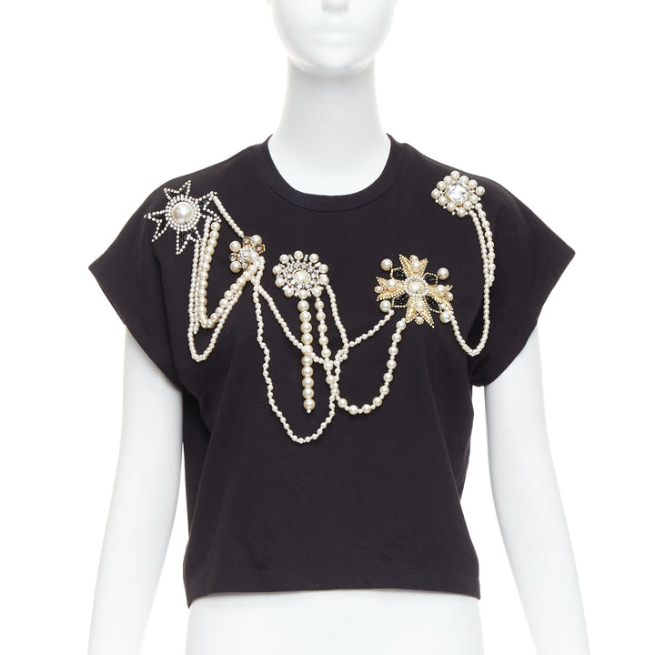 BALMAIN black cotton pearl bead embellished crop tshirt XS