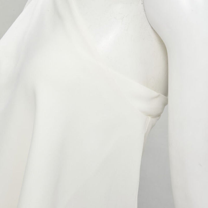 ROLAND MOURET white viscose crepe draped one shoulder cascade top UK10 M