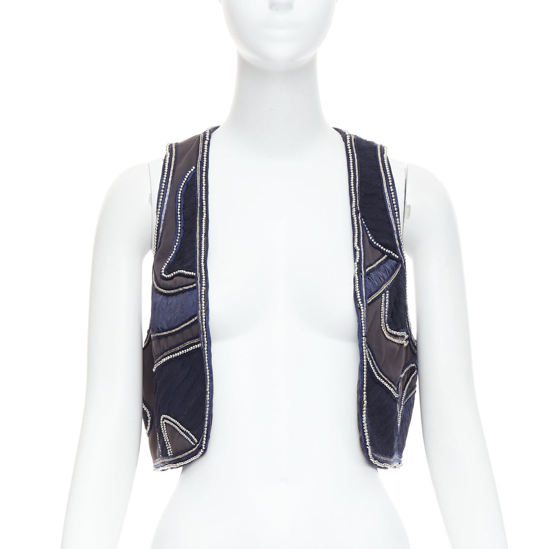 3.1 PHILLIP LIM blue silver dome studded silk lined patchwork vest US4 S