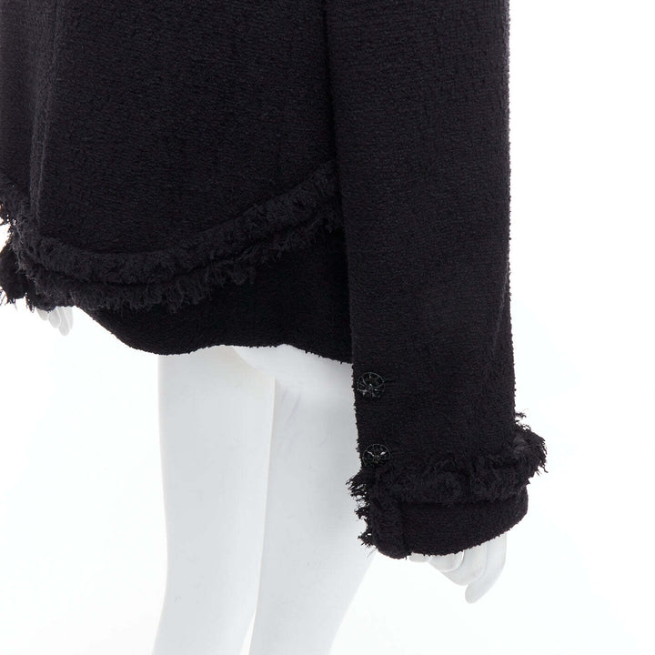 CHANEL 08A Runway black tweed braided fringe tromp loeil 4 pocket jacket FR46