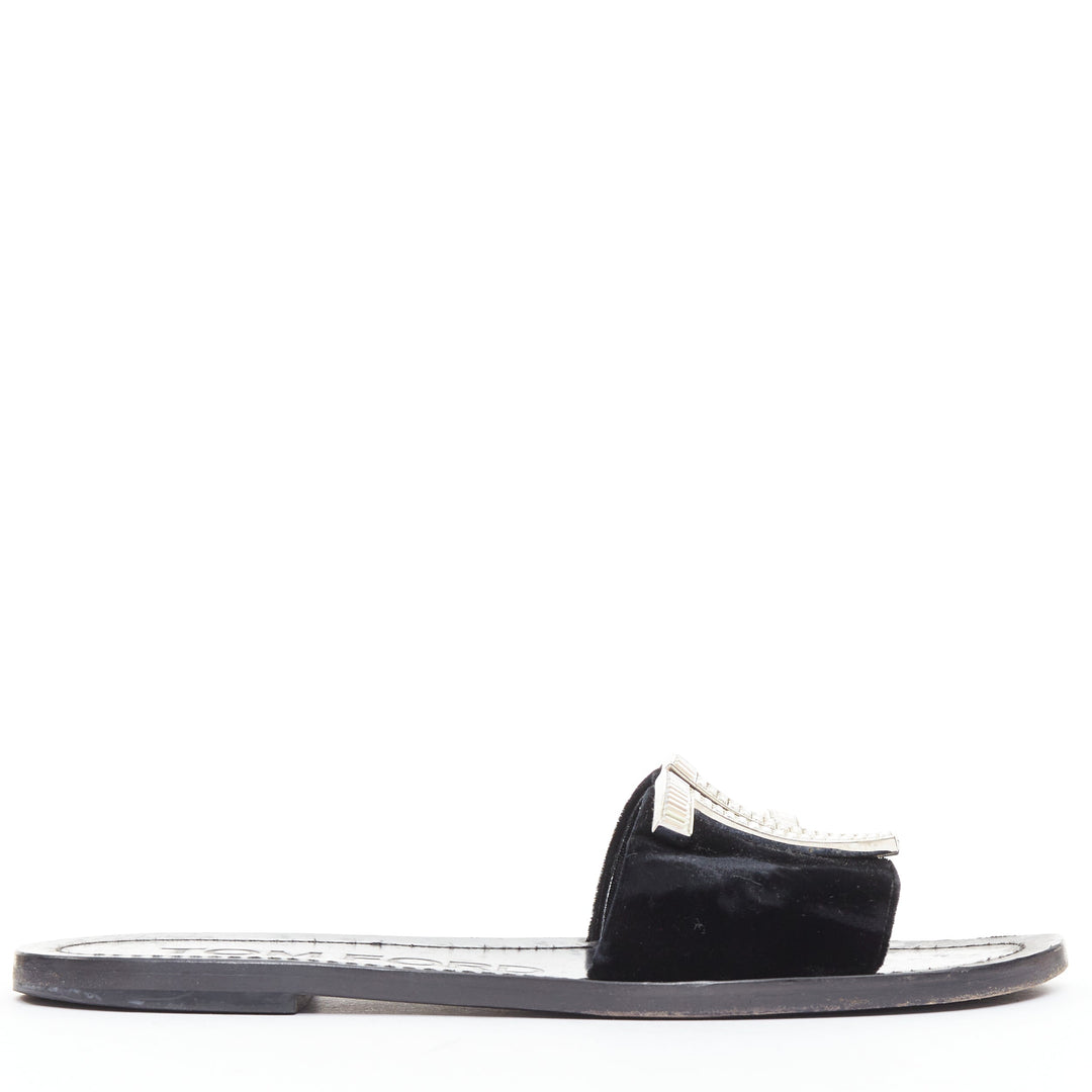 TOM FORD black velvet silver big crystal TF embellished flat sandals EU38