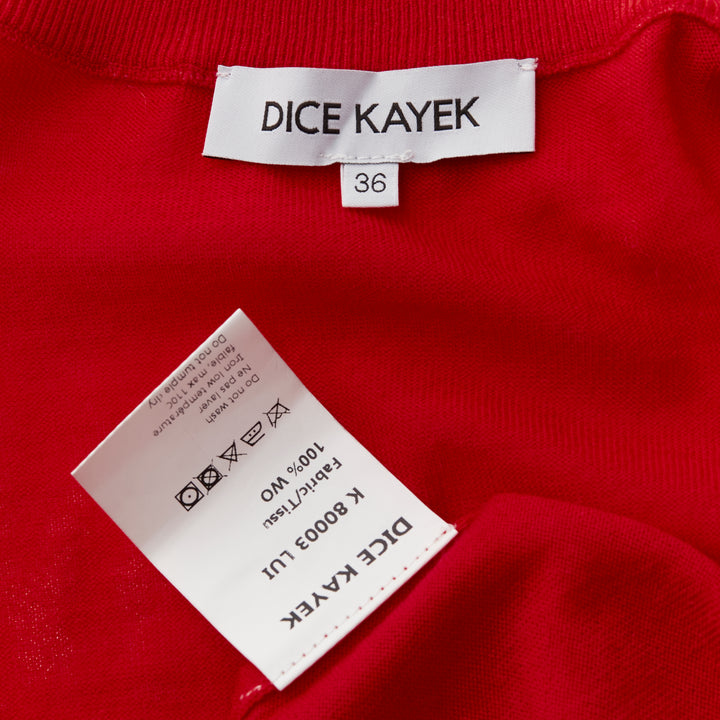 DICE KAYEK red 100% wool ruched sleeves crew neck cardigan sweater FR36 S