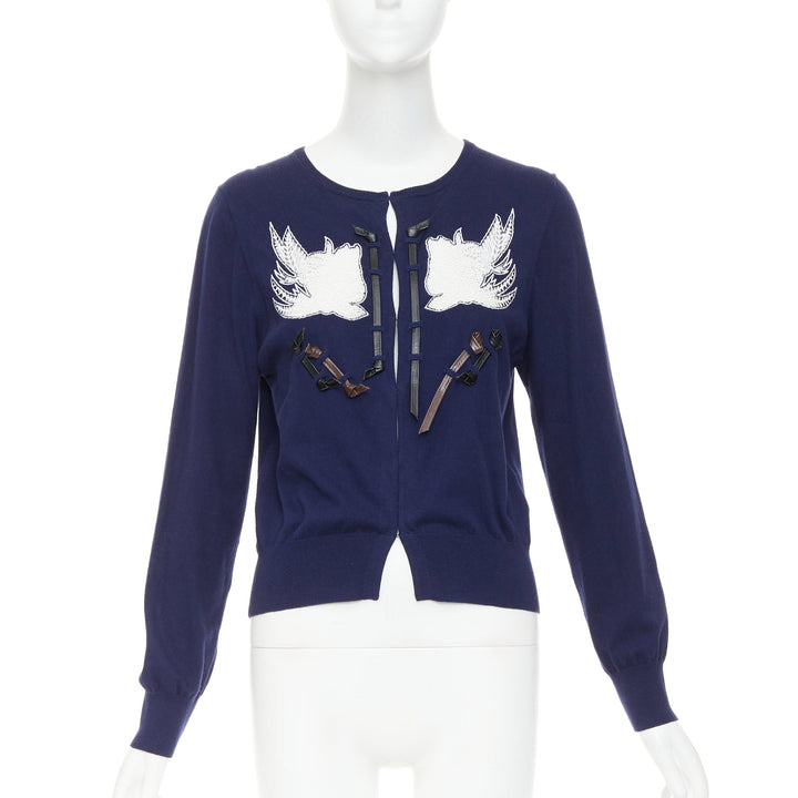 TOGA ARCHIVES PULLA Swallow Anglais navy cotton black leather cardigan IT40 S