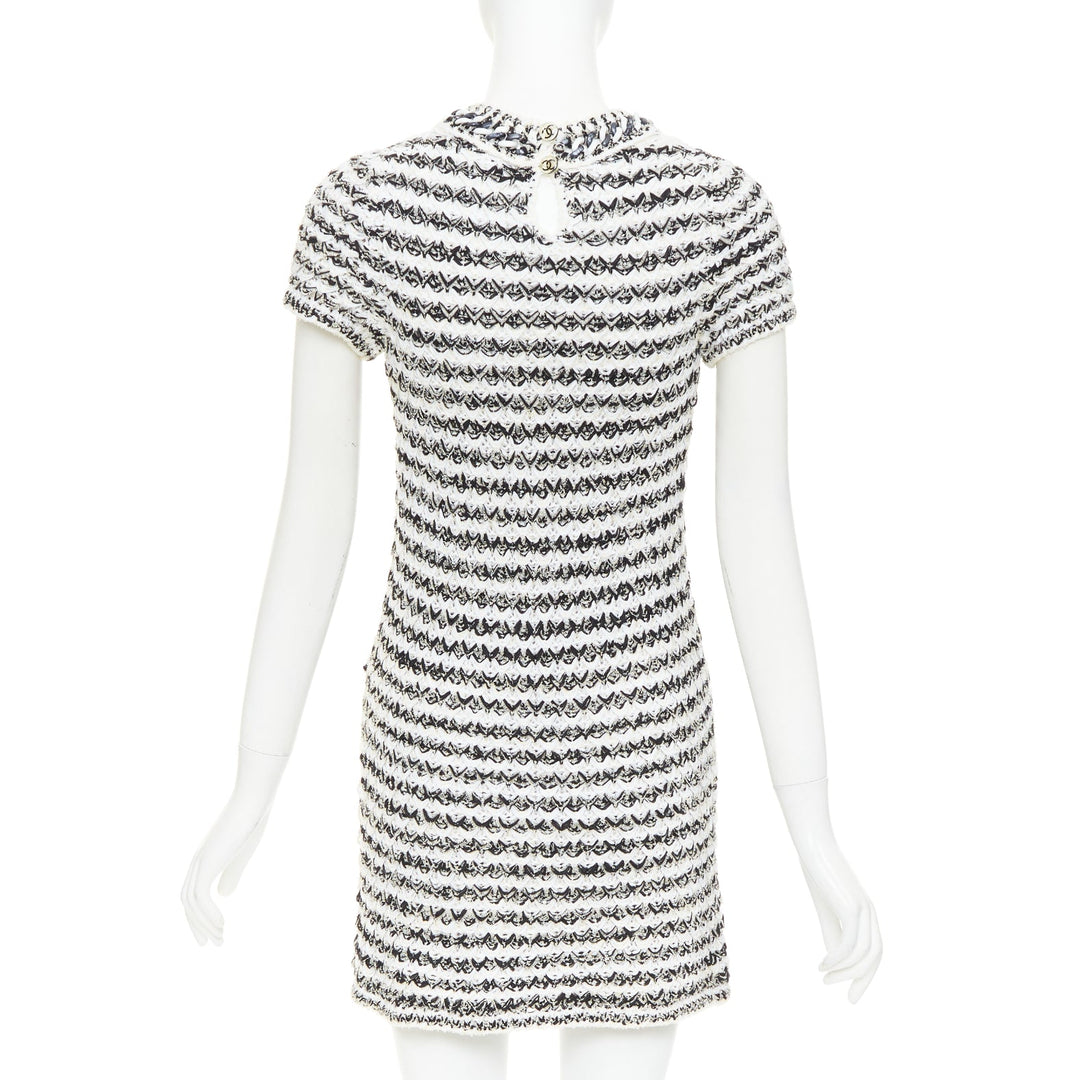 CHANEL 19P black white cotton tweed tweed chunky resin chain trim dress FR34 XS