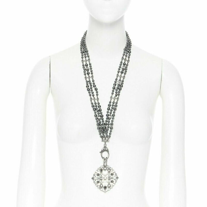 CHANEL black triple strand pearl strass crystal clasp CC pendent necklace