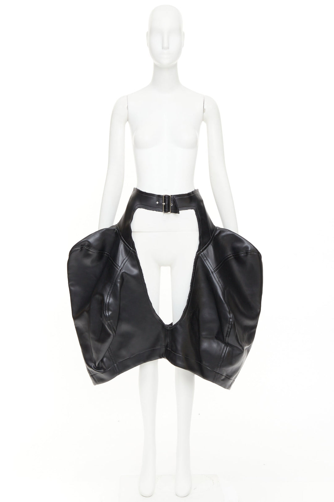 rare COMME DES GARCONS 2019 Runway black pleather cutout chaps pannier skirt M