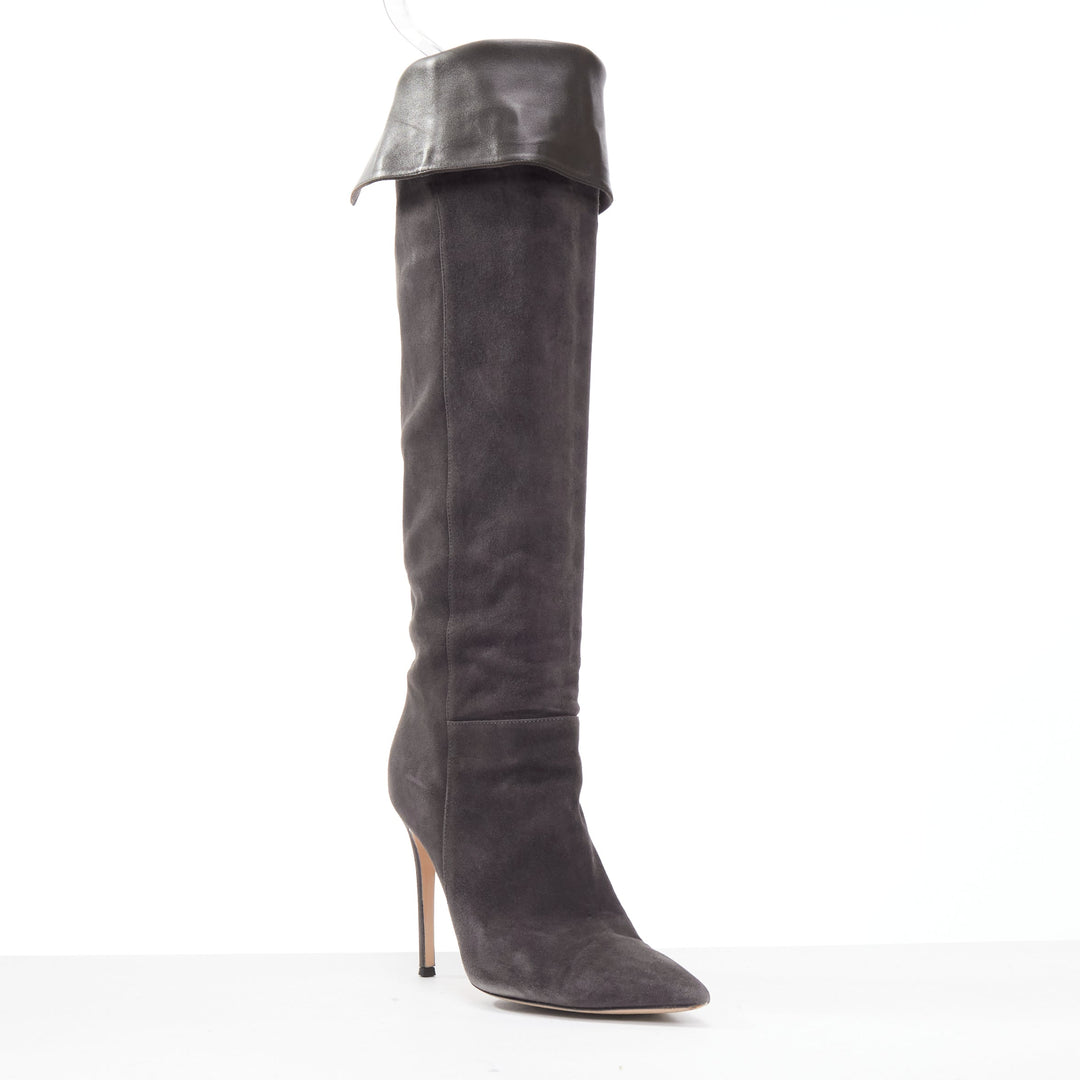 GIANVITO ROSSI grey suede leather foldover point toes tall boots EU38