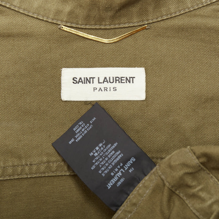 SAINT LAURENT 2015 army green cotton linen pocketed military jacket FR34 S