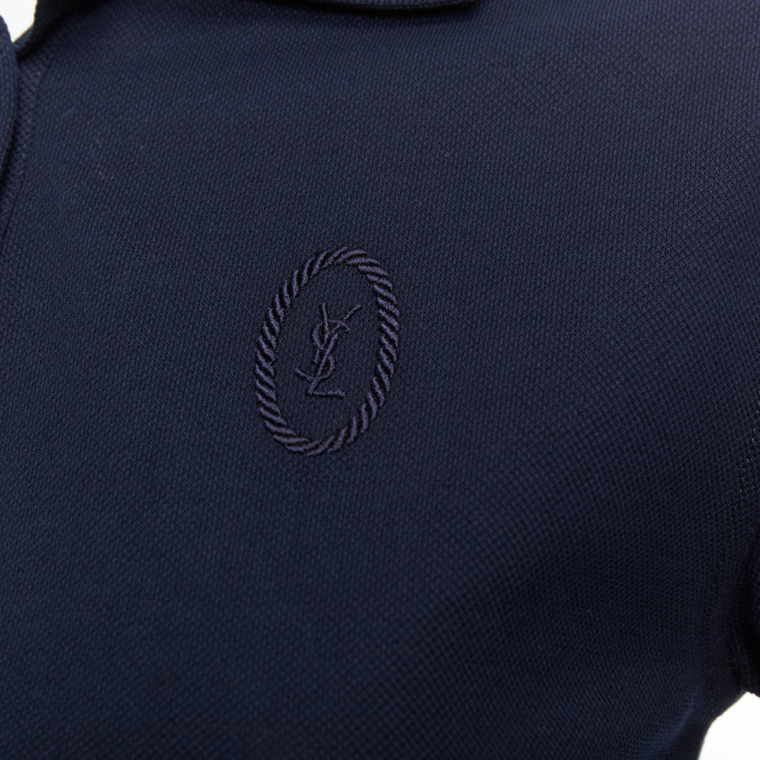 SAINT LAURENT navy pique logo embroidery cropped polo shirt