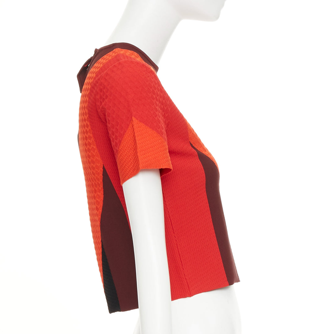ALEXANDER MCQUEEN red colorblock mixed stitch short sleeve crop knit top XS
