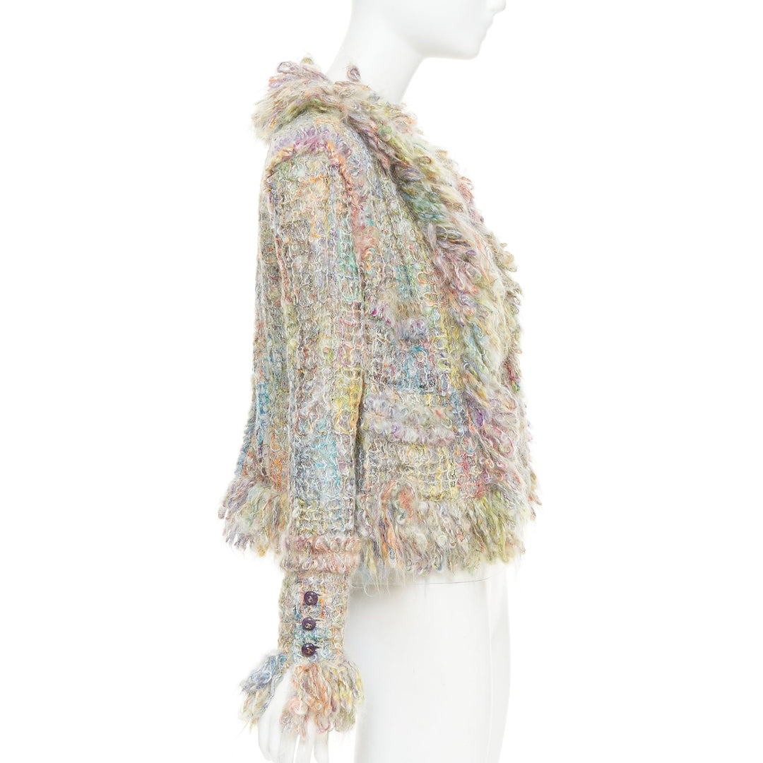 rare CHANEL 03A Runway multicolor fluffy mohair boucle tweed jacket FR42 XL