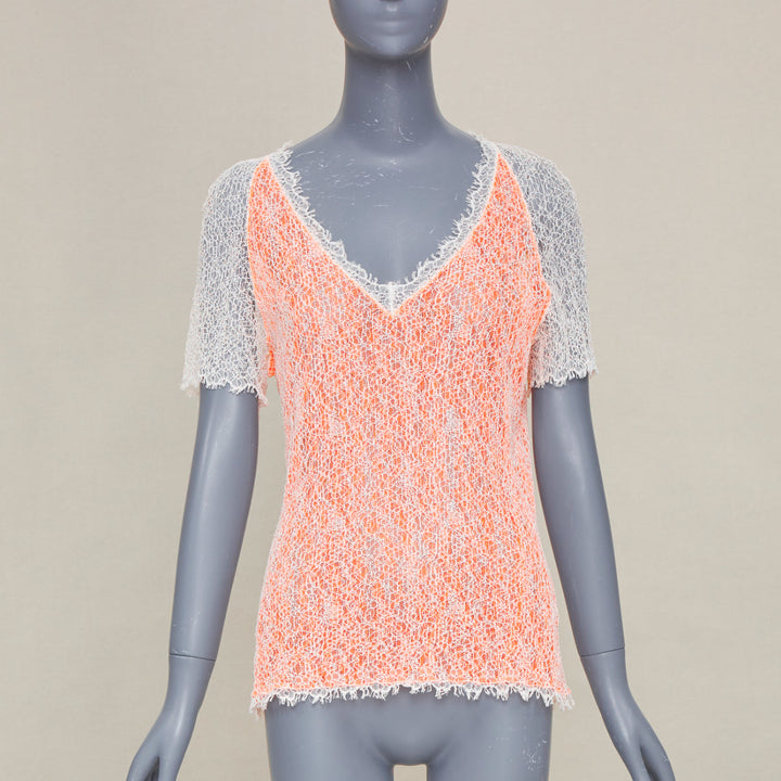 CHANEL 00P sheer orange white cotton lace layered knitwear top FR46 XL