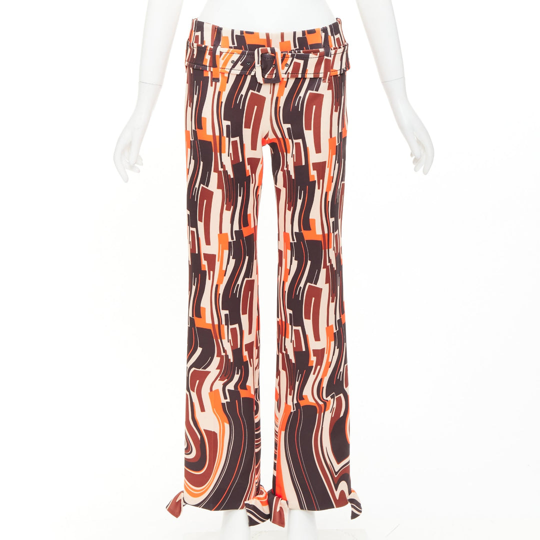 PRADA 2019 Runway orange black geometric swirl belted ruffled hem pants IT38 XS