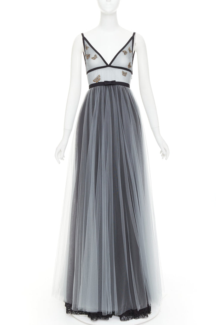 rare CHRISTIAN DIOR 2024 Runway grey butterfly bead embroidered tulle maxi gown