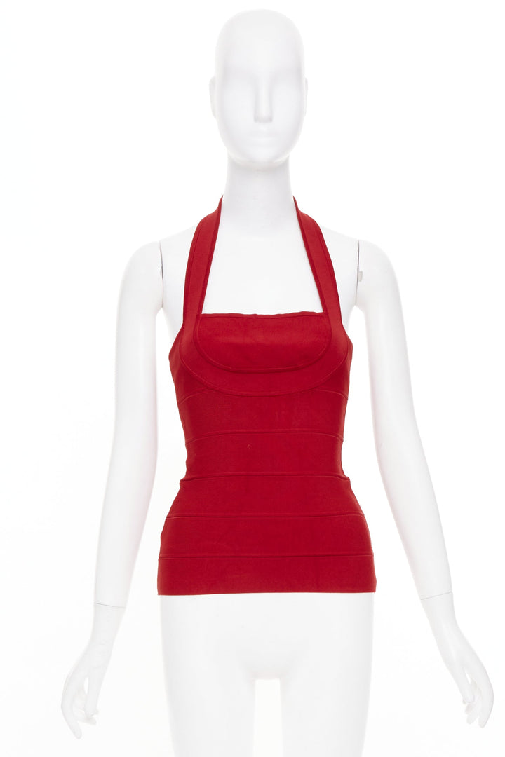 HERVE LEGER red halter neck structured bodycon bandage tank top XS