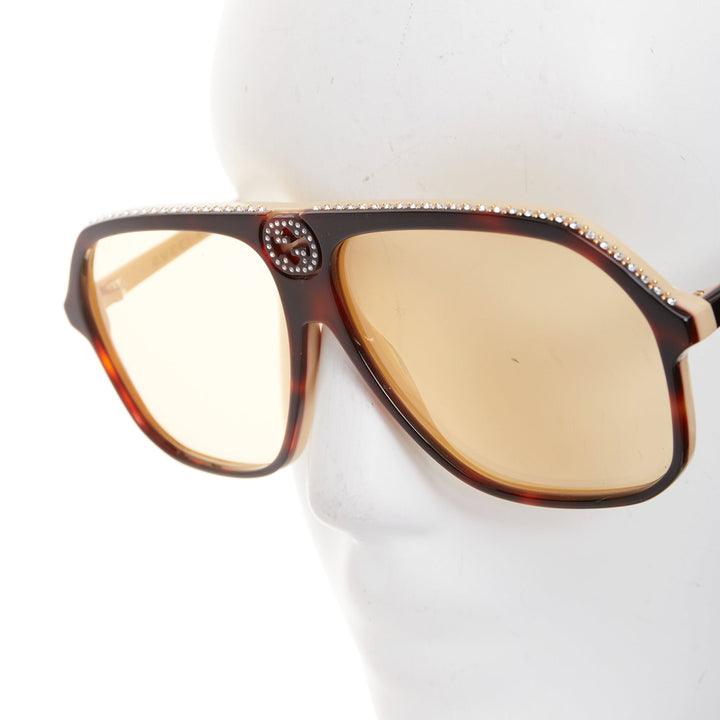 GUCCI GG0734S crystal GG logo brown tortoise acetate sunnies