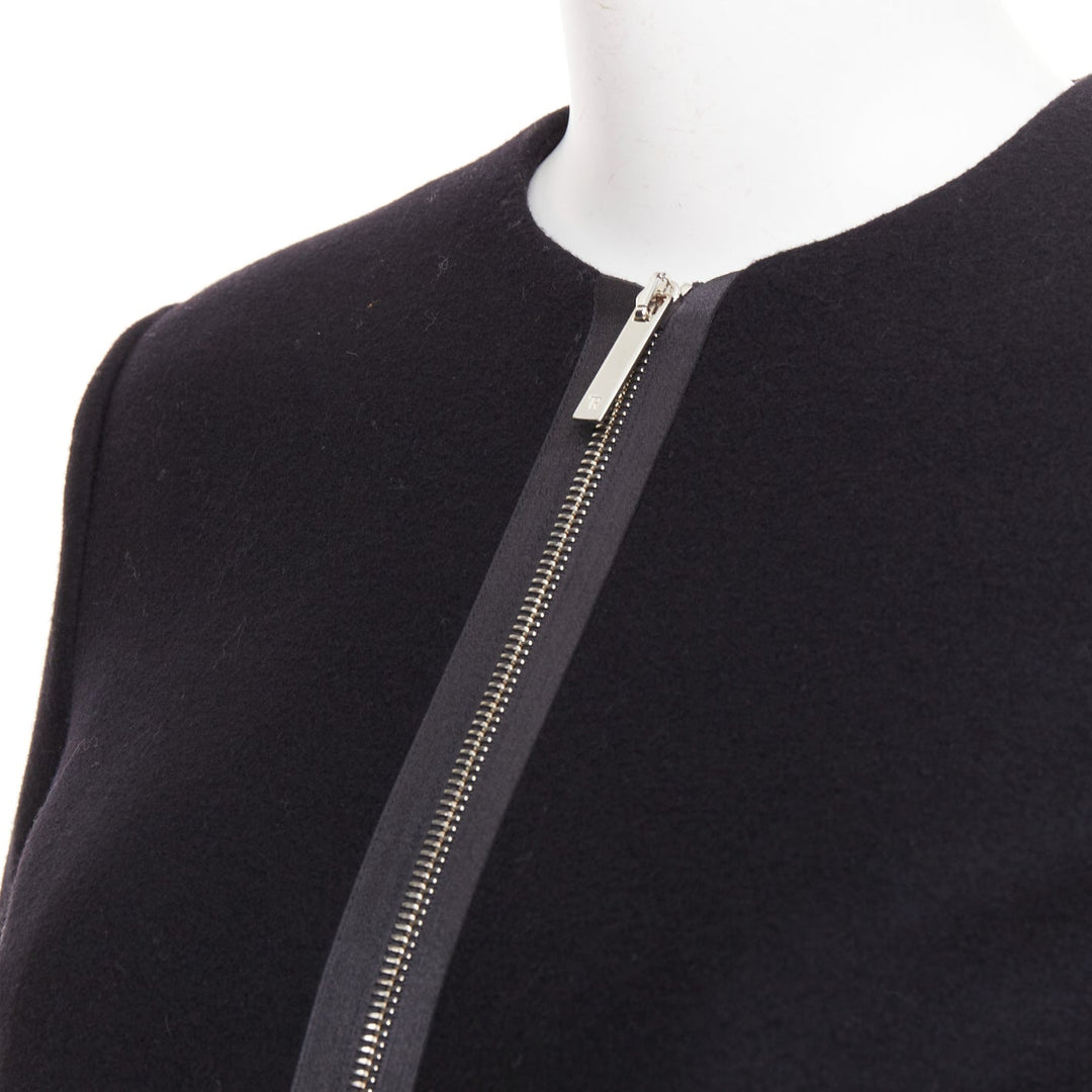 THE ROW black virgin wool blend collarless zip long coat US2 S