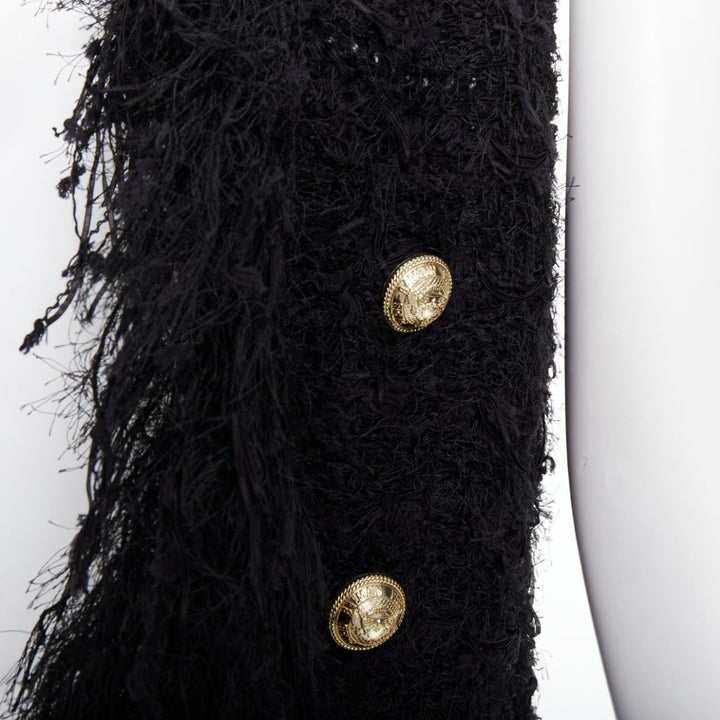 BALMAIN black fringe tweed gold varsity buttons drape front vest FR36 S