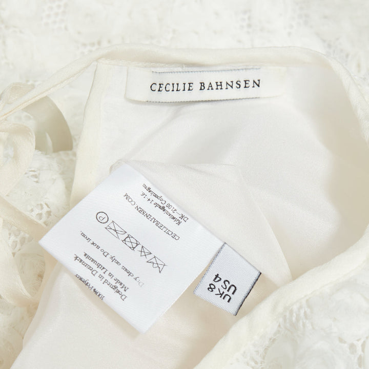 CECILIE BAHNSEN white textured floral puffy short sleeve babydoll dress UK8 S