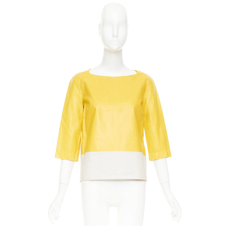 MARNI 2014 yellow off-white lambskin leather colorblock boat neck top IT38 XS