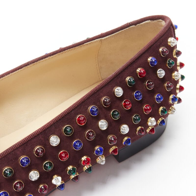 CHRISTIAN LOUBOUTIN Jewel tone Gripoix stud burgundy red suede loafer EU39.5